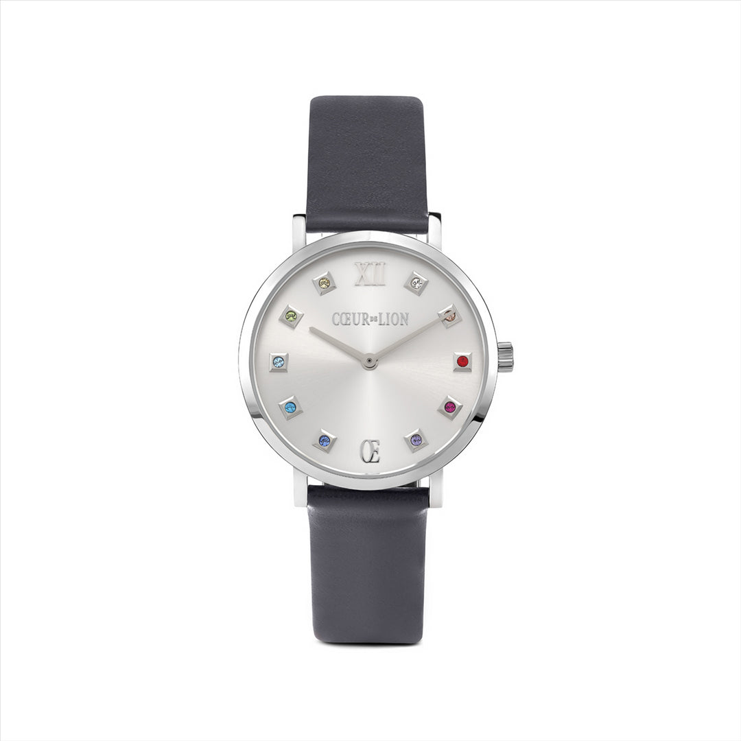 Coeur de Lion - Crystal Cube Watch - Silver & Black Leather
