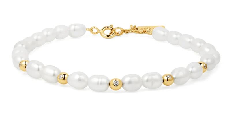 Ania Haie - Gold Plated Freshwater Pearl And White Cubic Zirconia Bezel Set Bracelet