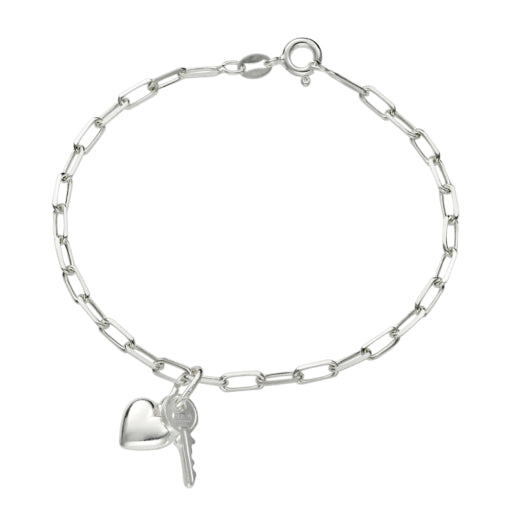 Sterling Silver Paperclip Chain Bracelet With Key & Heart Charms