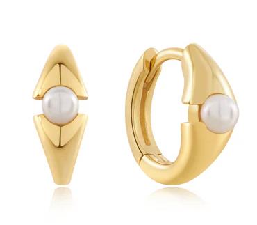Ania Haie - Gold Plated Pearl Geometric Huggie Hoop Earrings