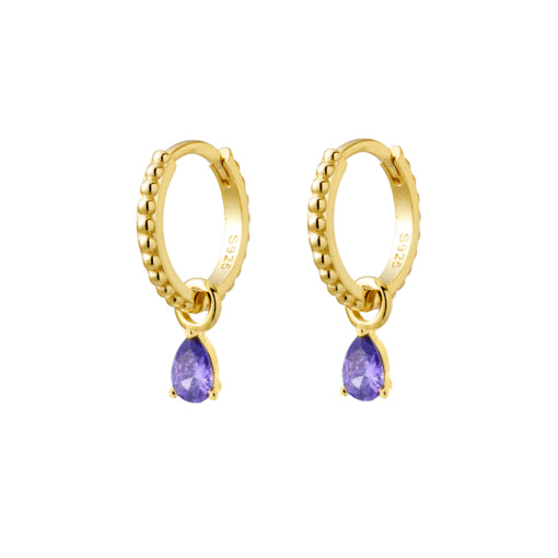 Gold Plated Beaded Huggie Earrings With Light Amethyst Cz Charm