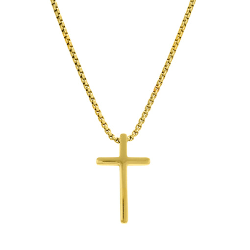 Stainless Steel/Gold Plated Box Chain Necklace With Long Round Edged Cross