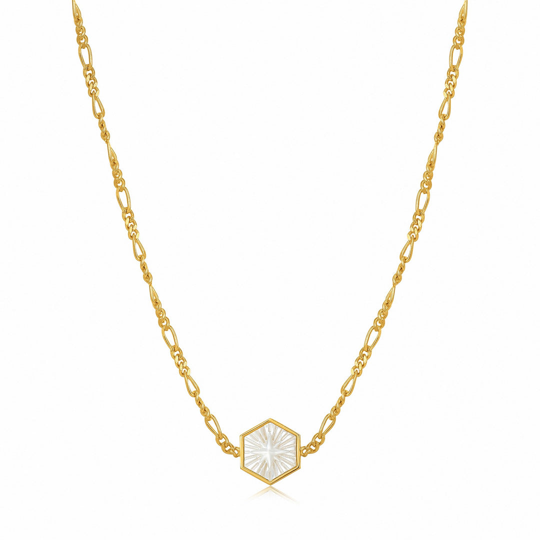 Compass Emblem Gold Plated Figaro Chain Necklace