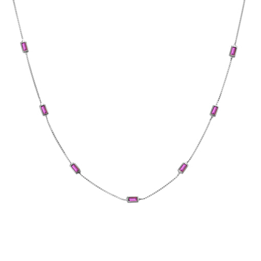 Sterling Silver Fine Box Chain Necklace With Multi Baguette Set Ruby Pink
