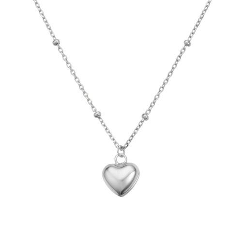 Sterling Silver Fine Satellite Chain Necklace With Mini-Puff Heart Pendant