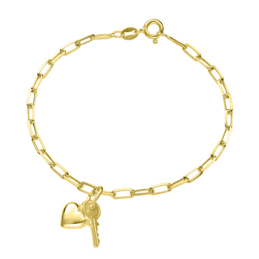 Gold Plated Paperclip Chain Bracelet With Key & Heart Charms