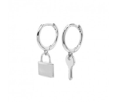 Sterling Silver Huggies With Lock And Key Charm