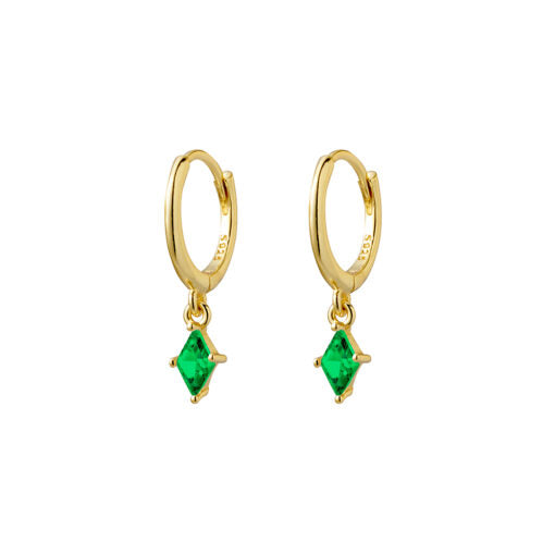 Huggie Earrings With Drop Diamond-Shape Emerald Cz