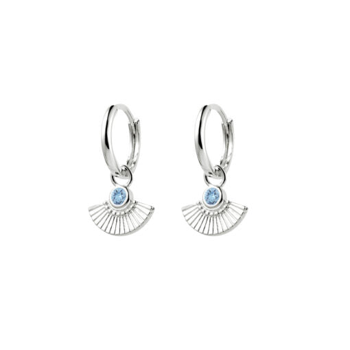 Sterling Silver Huggie Earrings With Fan Pendant And Light Blue Cz