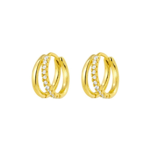 Sterling Silver/Gold Plated Double Hoop Huggie Earrings With Cz Detail