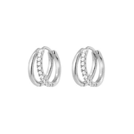 Sterling Silver Double Hoop Huggie Earrings With Cz Detail