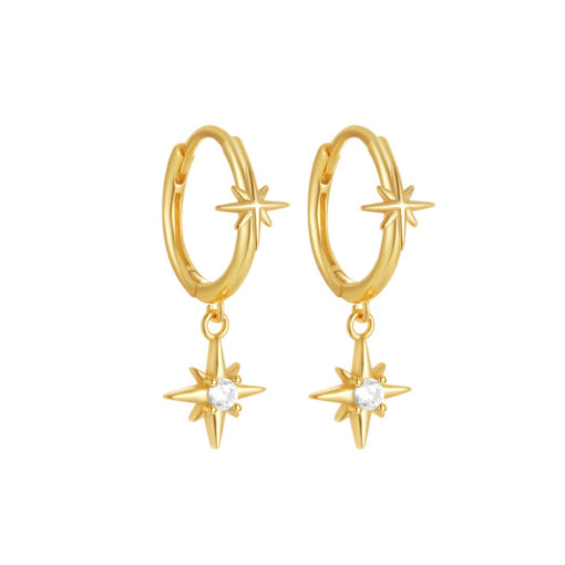 Gold Plated Fixed Star Huggie Earrings With Drop Cz North Star