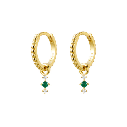 Gold Plated Beaded Huggie Earrings With Emerald & White Cz Charm