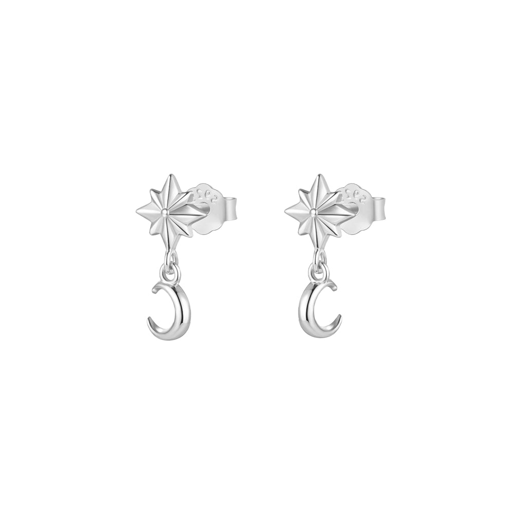 Sterling Silver Petite Cz North Star & Crescent Moon Studs