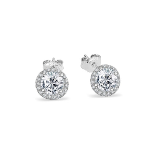 Sterling Silver Round Cz With Halo Stud Earrings