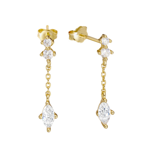 Sterling Silver/Gold Plated Studs With Chain And Cz Drop