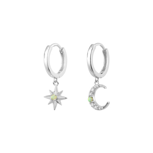 Sterling Silver Huggie Earrings With Cz And Opalite North Star And Moon Charms