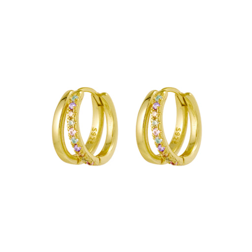Gold Plated Double Huggie Earrings With Multi Colour Cz