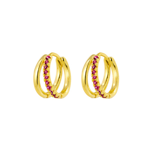 Sterling Silver/Gold Plated Double Hoop Huggies With Ruby Pink Cz Detail