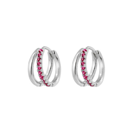 Sterling Silver Double Hoop Huggies With Ruby Pink Cz Detail