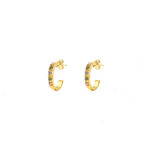 Sterling Silver/Gold Plated Half Hoop Earrings With Peridot, Pink And Amethyst Set Cz