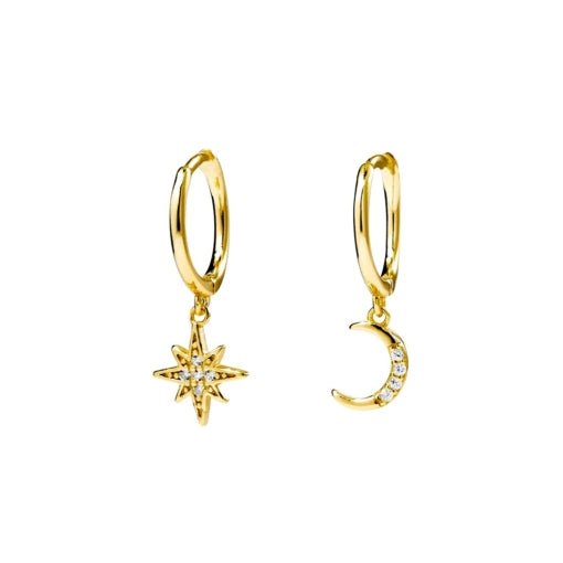 Sterling Silver/Gold Plated Huggies With Star And Moon Charms
