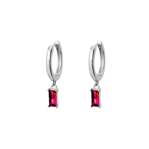 Sterling Silver Ruby Pink Cz Baguette Hoop Earrings