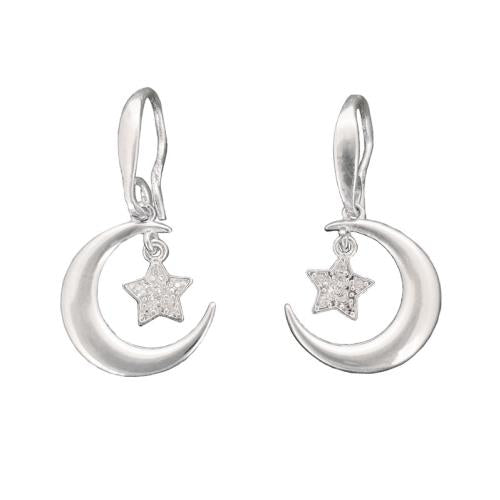 Stg Silver Moon With Cz Star On Hooks