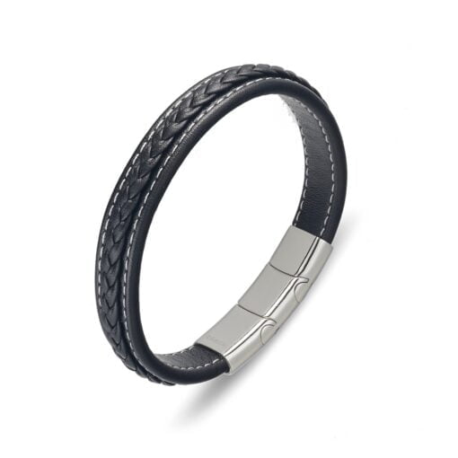 Stainless Steel Men’s Leather Bangle With Stitching
