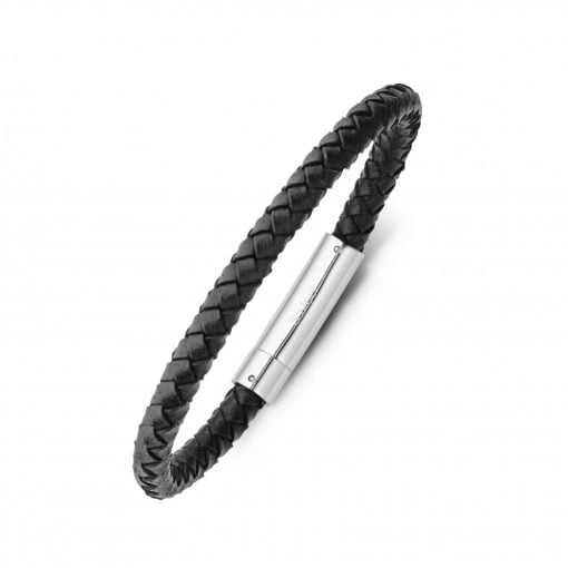 Stainless Steel Men’s Black Leather Plaited Bangle With Silver Clasp