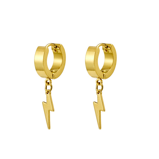 Men’s Stainless Steel/Gold Plated Huggie Earrings With Lightning Bolt