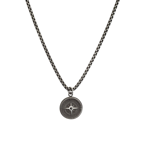 Men’s Compass Pendant Necklace With Matte Antique Finish Chain