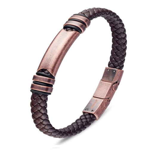 Brown Leather Bangle With Vintage Rose Gold Detail
