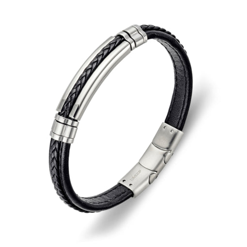 Stainless Steel 8mm Black Leather Bracelet With Steel Detail