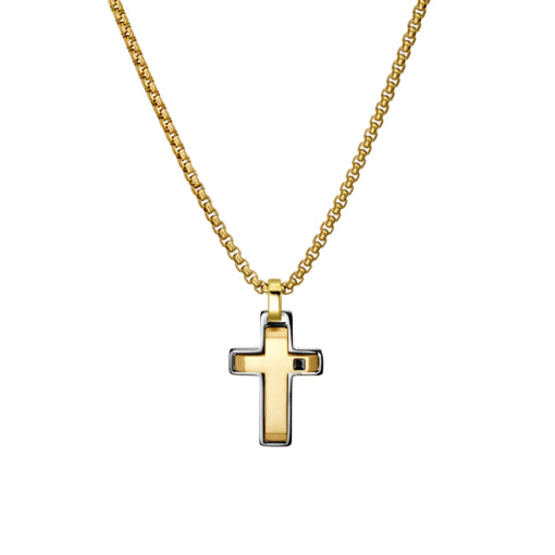 Stainless Steel/Gold Plated Steel & Gold Cross Pendant Necklace