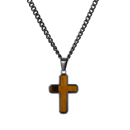 Stainless Steel/Matte Black 4mm Curb Link Chain With Rounded Wood Grain Cross Pendant Necklace