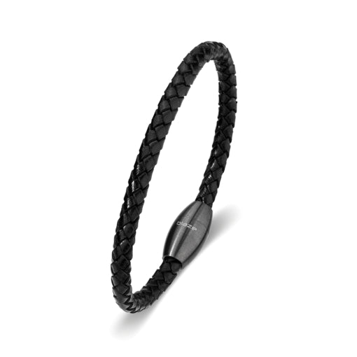 Stainless Steel Black Leather Bangle With Matte Gunmetal Magnetic Clasp
