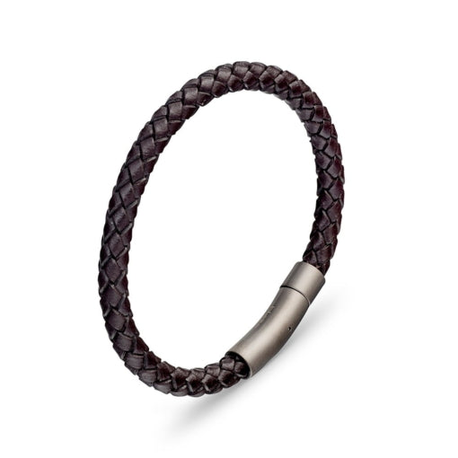 Thin Plaited Leather Bangle With Matte Silver Stainless Steel Clasp