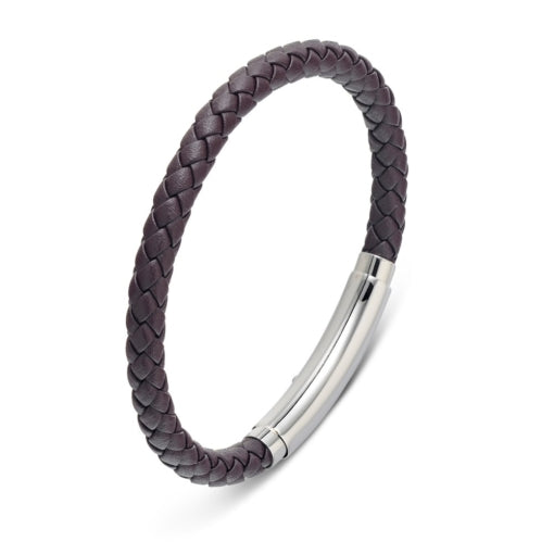 Stainless Steel Men’s Plait Leather Bangle
