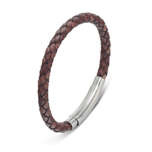 Stainless Steel Men’s Plait Leather Bangle