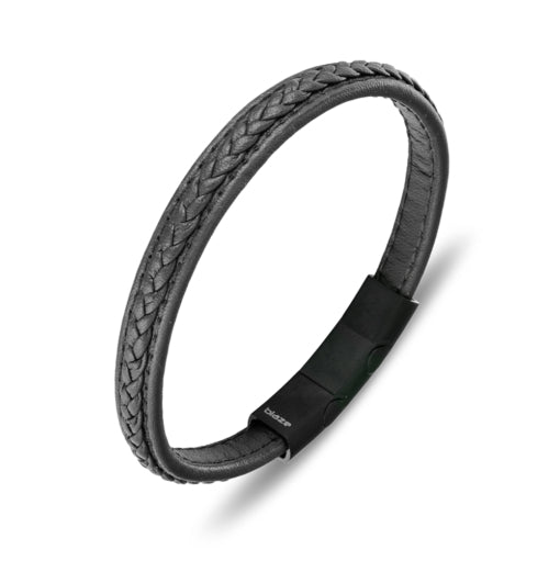 Stainless Steel Men’s Black Leather Bangle - 19cm