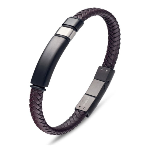 Brown Leather Bangle With Steel Bar Details