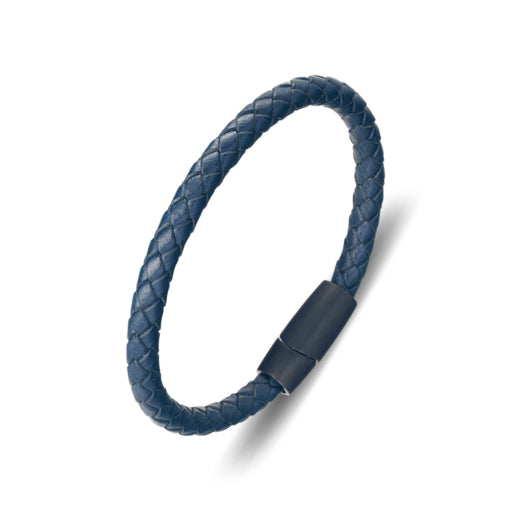 Leather Bangle With Brush Matte Finish Magnetic Clasp - Blue