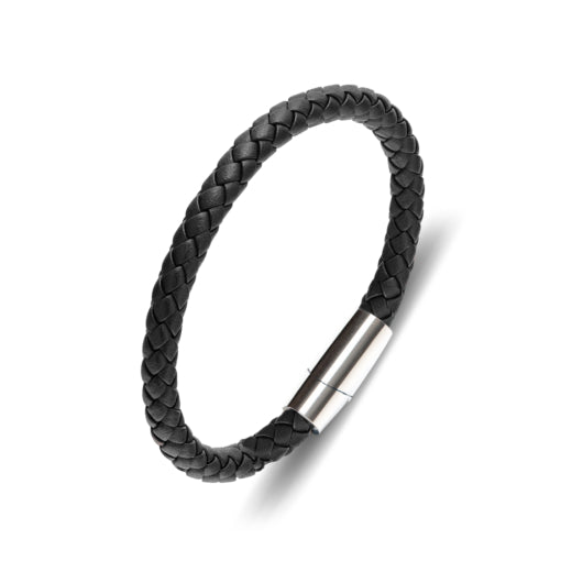 Leather Bangle With Shiny Finish Stainless Steel Magnetic Clasp