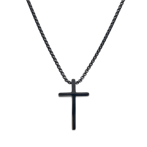 Stainless Steel Box Chain Necklace With Long Round Edged Cross