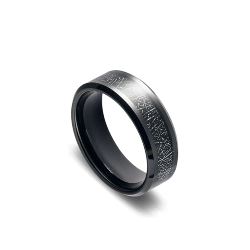 Tungsten Men’s IP Black Plated Ring With Simulated Meteorite Inlay - Size 12