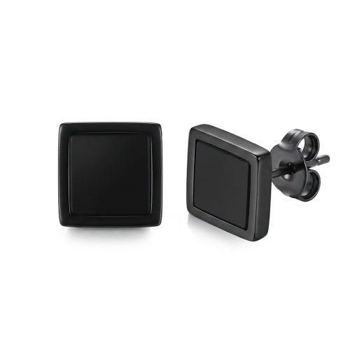 Stainless Steel Square Shaped Black Agate Set Studs