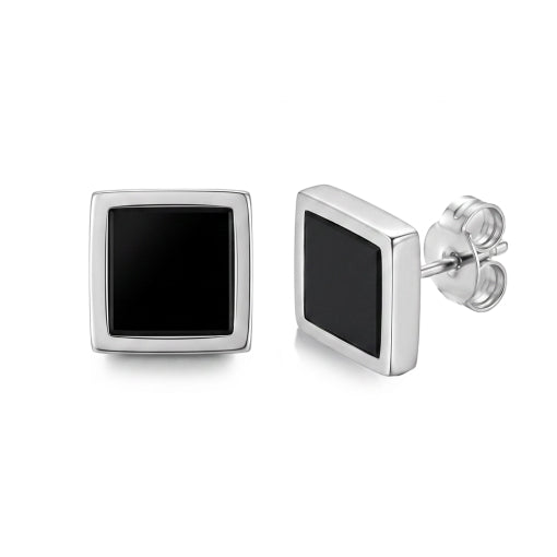 Stainless Steel Square Shaped Black Agate Set Studs
