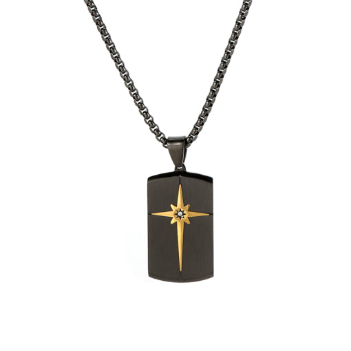 Stainless Steel Box Chain With Brushed Northern Star & Zircon Tag Necklace