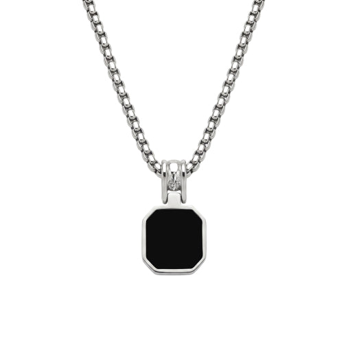 Stainless Steel Curb Chain Necklace With Black Agate Pendant
